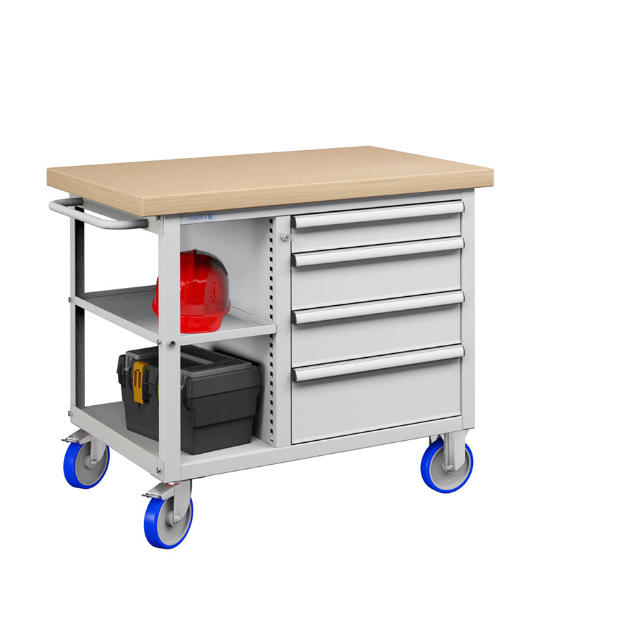 [023630] Banco móvil compacto con encimera de haya, 4 cajones y 1 estante - Dim.: 1065x750x908h mm - Gris ral 7035