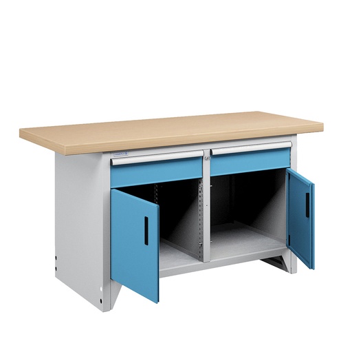 [023652] Banco compacto con encimera de haya, 2 cajones y 2 puertas - Dim.: 1500x750x840h mm - Gris ral 7035 y Azul ral 5012