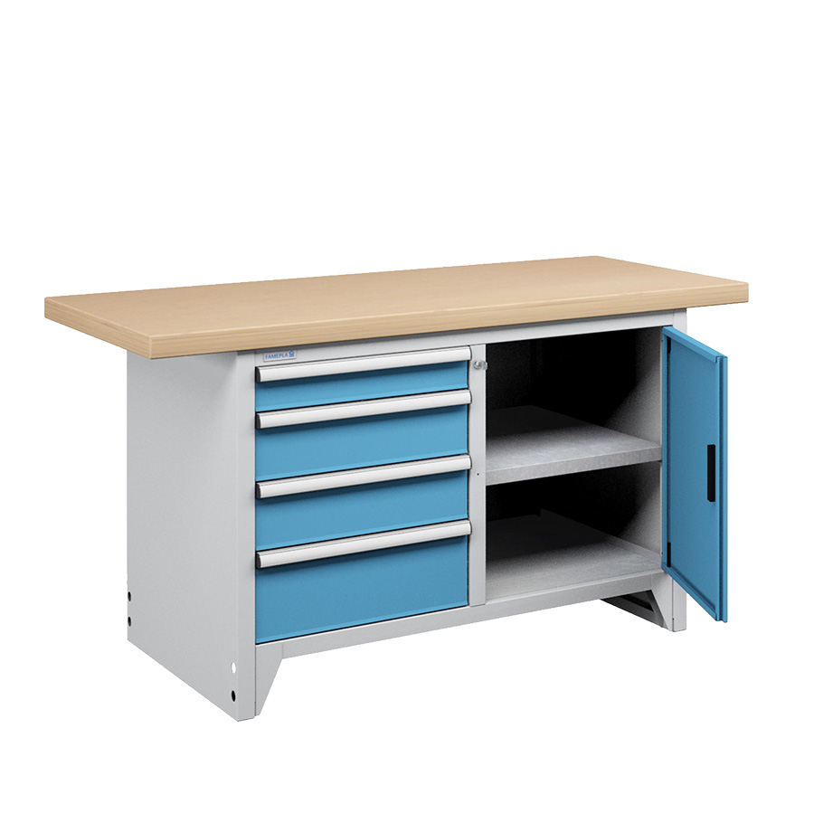 [023656] Banco compacto con encimera de haya, 4 cajones, 1 puerta y 1 estante - Dim.: 1500x750x840h mm - Gris ral 7035 y Azul ral 5012