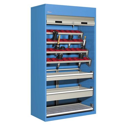 [023747] Armario de persiana, para herramientas de CNC, 4 bandejas, 1 estante y 2 cajones - Dim.: 1040x635x2000h mm - Azul ral 5012