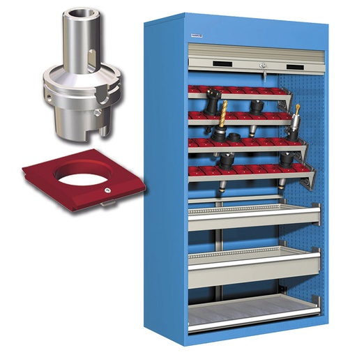 [023757] Armario de persiana, para herramientas de CNC, 4 bandejas, 1 estante y 2 cajones - Dim.: 1040x635x2000h mm - Azul ral 5012