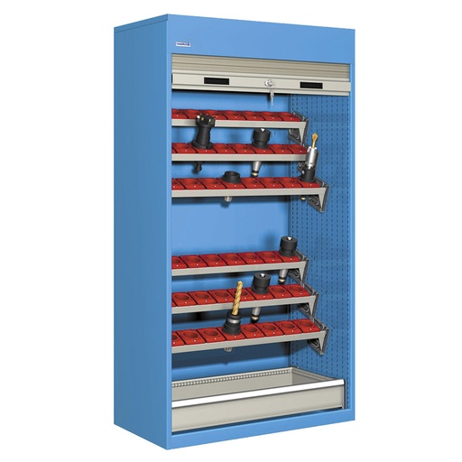 [023827] Armario de persiana, para herramientas de CNC, 6 bandejas inclinadas y 1 cajón - Dim.: 1040x635x2000h mm - Azul ral 5012
