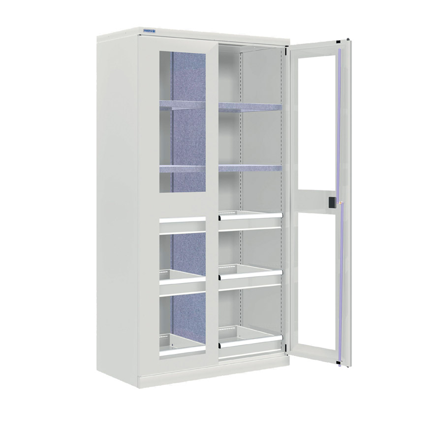 [024297] Armario metálico industrial con puertas con ventana, divisor, 4 estantes y 6 cajones - Dim.: 1026x555x2000h mm - Gris ral 7035
