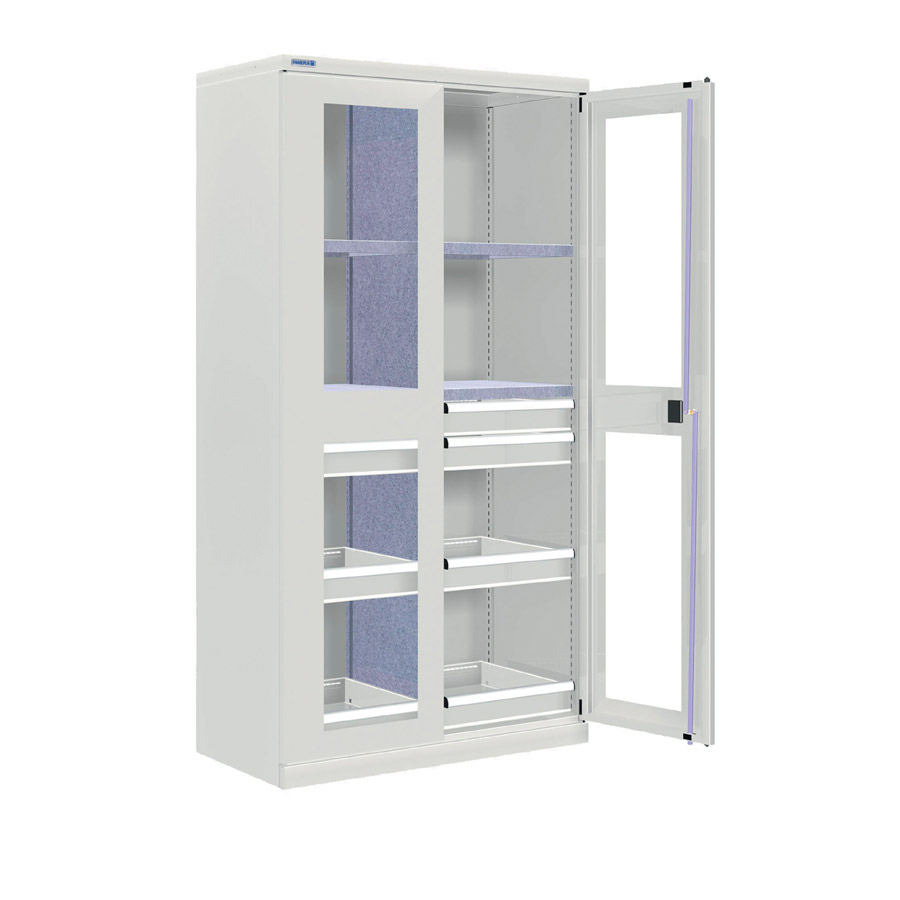 [024301] Armario metálico industrial con puertas con ventana, divisor, 4 estantes y 8 cajones - Dim.: 1026x555x2000h mm - Gris ral 7035