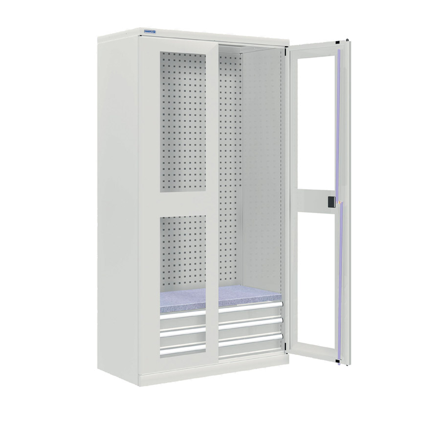 [024305] Armario metálico industrial con puertas con ventana, panel, 1 estante y 3 cajones - Dim.: 1026x555x2000h mm - Gris ral 7035