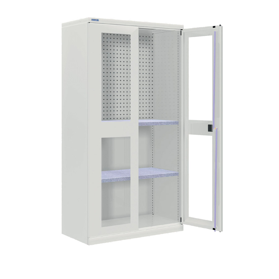 [024307] Armario metálico industrial con puertas con ventana, panel perforado, 2 estantes - Dim.: 1026x555x2000h mm - Gris ral 7035