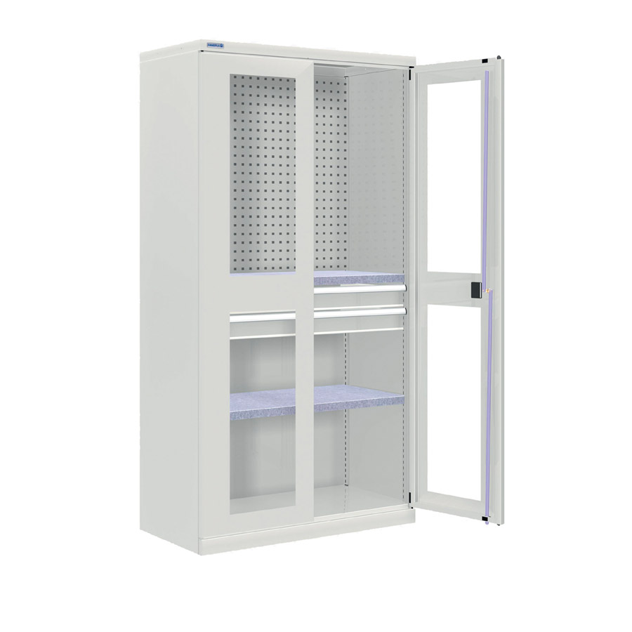 [024311] Armario metálico industrial con puertas con ventana, panel, 2 estantes y 2 cajones - Dim.: 1026x555x2000h mm - Gris ral 7035