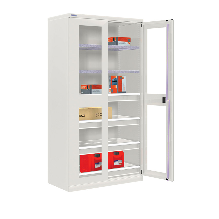 [024315] Armario metálico industrial con puertas con ventana, 2 estantes y 4 cajones telesc. - Dim.: 1026x555x2000h mm - Gris ral 7035