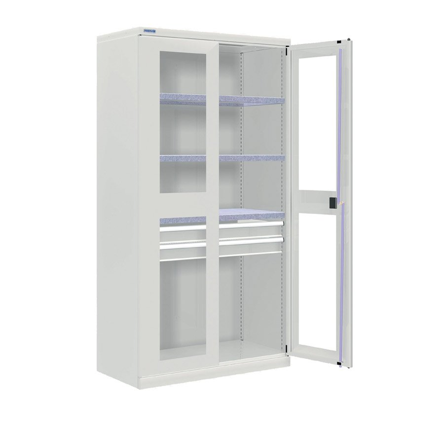 [024323] Armario metálico industrial con puertas con ventana, 3 estantes y 2 cajones telesc. - Dim.: 1026x555x2000h mm - Gris ral 7035