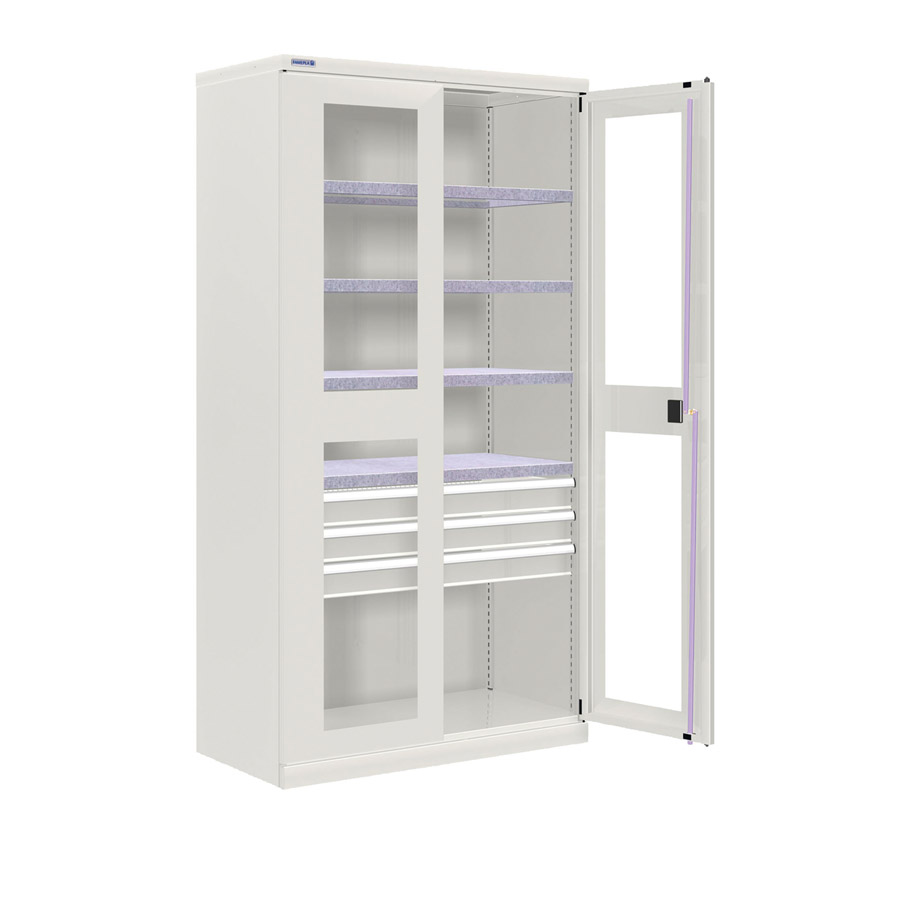 [024329] Armario metálico industrial con puertas con ventana, 4 estantes y 3 cajones telesc. - Dim.: 1026x555x2000h mm - Gris ral 7035