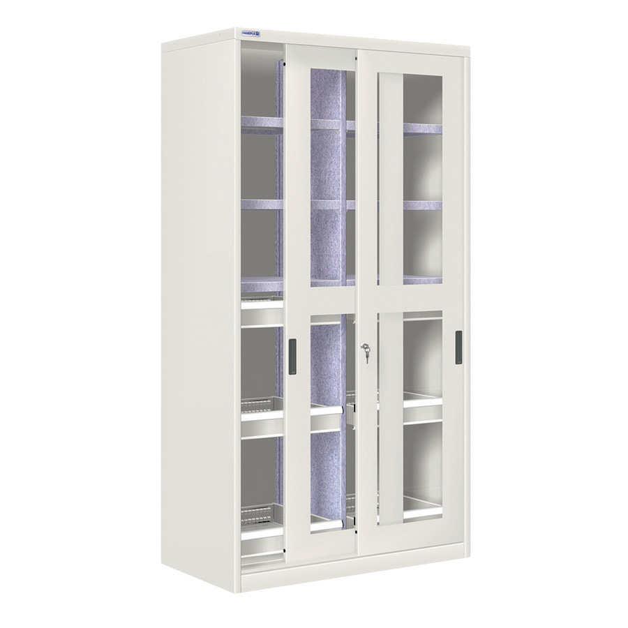 [024335] Armario de puertas correderas con divisor, 6 estantes y 4 cajones ext. simple - Dim.: 1026x600x2000h mm - gris ral 7035