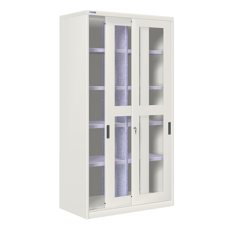 [024339] Armario de puertas correderas con ventana, divisor y 8 estantes ajustables - Dim.: 1026x600x2000h mm - gris ral 7035