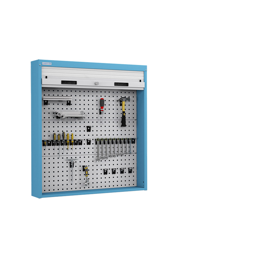 [024517] Armario metálico con persiana y paneles interiores perforados para herramientas - Dim.: 952x210x1114h mm - Azul ral 5012 y gris ral 7035