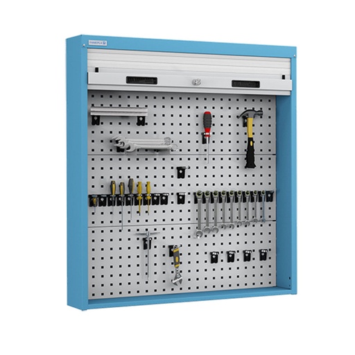[024517] Armario metálico con persiana y paneles interiores perforados para herramientas - Dim.: 952x210x1114h mm - Azul ral 5012 y gris ral 7035