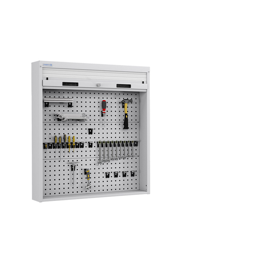 [024518] Armario metálico con persiana y paneles interiores perforados para herramientas - Dim.: 952x210x1114h mm - Gris ral 7035