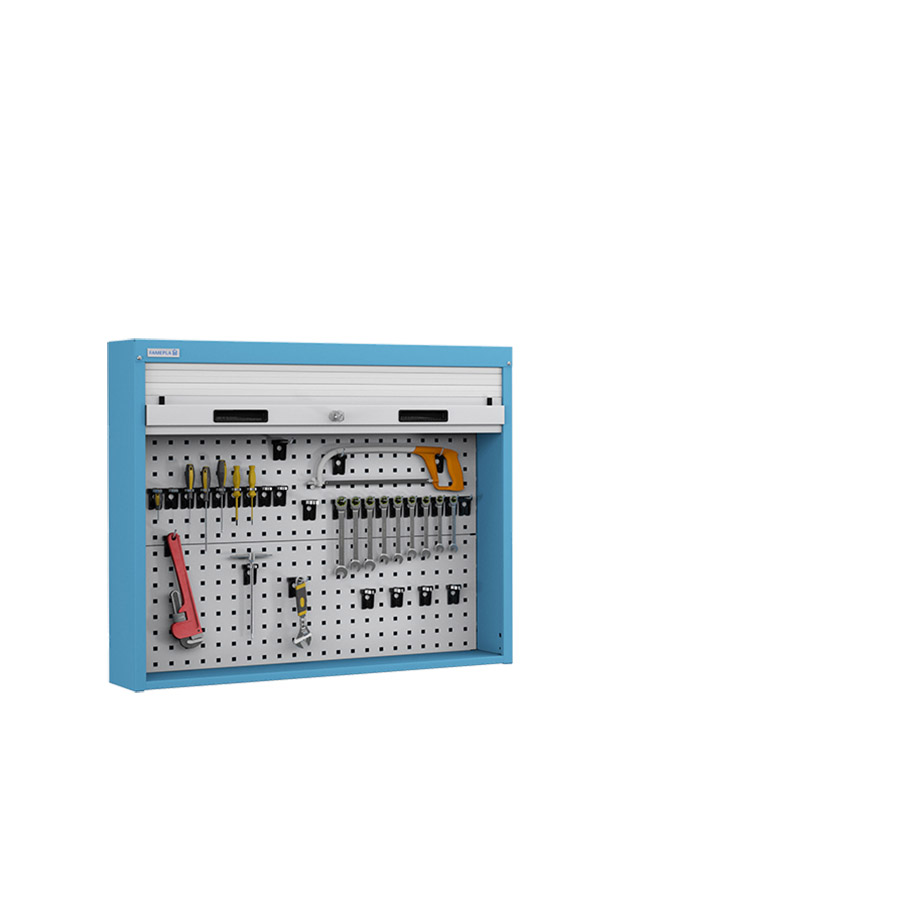 [024519] Armario metálico con persiana y paneles interiores perforados para herramientas - Dim.: 952x210x810h mm - Azul ral 5012 y gris ral 7035