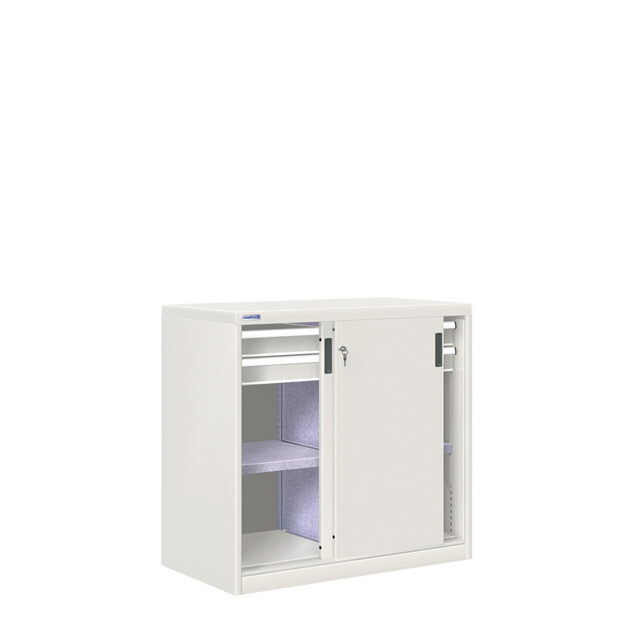 [024726] Armario de puertas correderas con divisor, 2 estantes y 4 cajones ext. total - Dim.: 1026x600x1000h mm - gris ral 7035