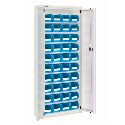 [025144] Armario metálico de puertas batientes con 9 estantes regulables y 40 cajas - dim.: 700x270x1650h mm - Gris ral 7035