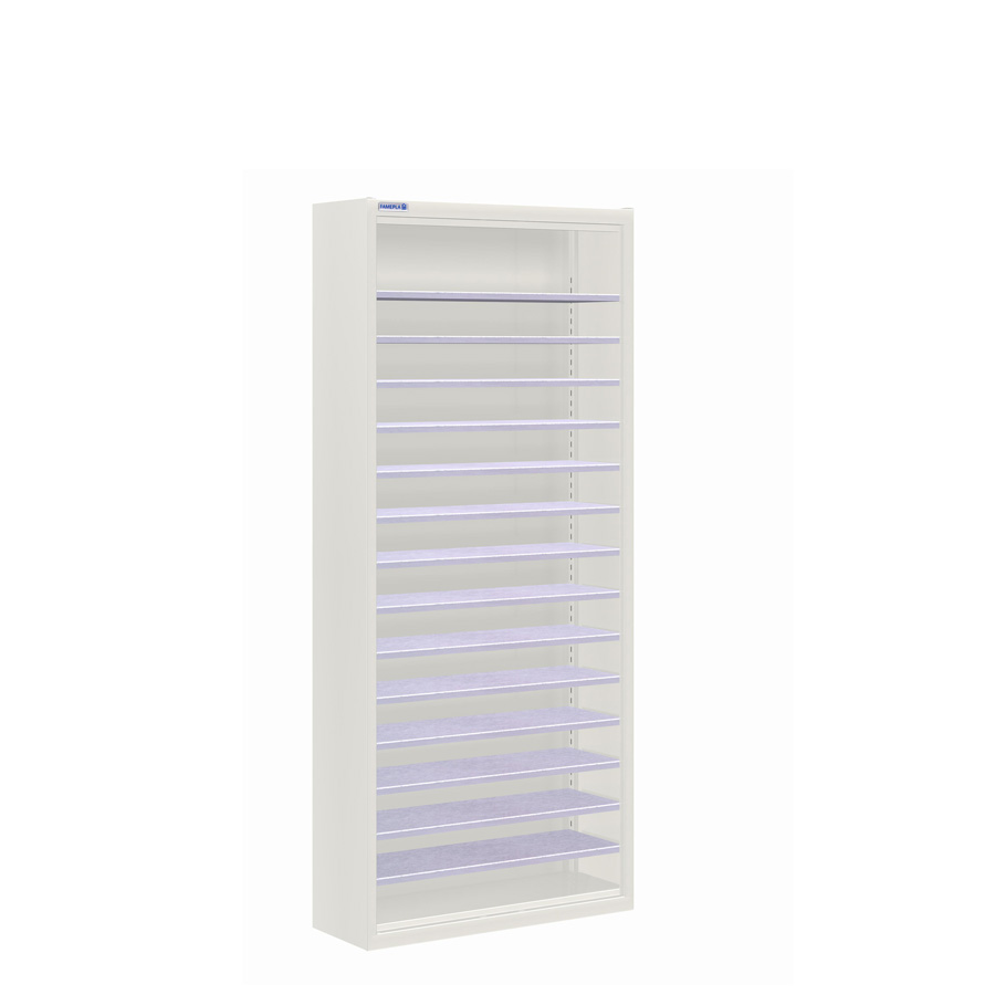 [025151] Armario metálico porta cajas sin puertas con 14 estantes regulables (sin cajas) - dim.: 700x270x1650h mm - Gris ral 7035