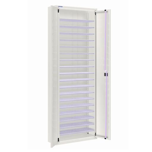 [025159] Armario metálico de puertas batientes con 18 estantes regulables (sin cajas) - dim.: 700x270x2000h mm - Gris ral 7035