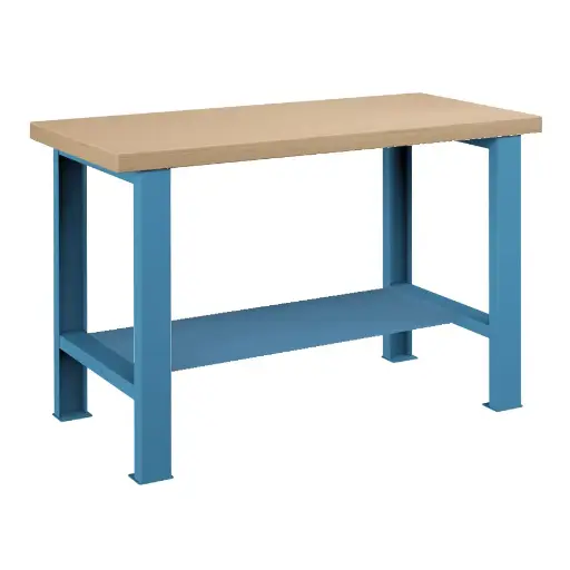 [025699] Banco de trabajo para taller estándar - Dim.: 1250x750x840h mm - Encimera Multiplex, 2 patas, 1 estante inferior metálico - Azul ral 5012
