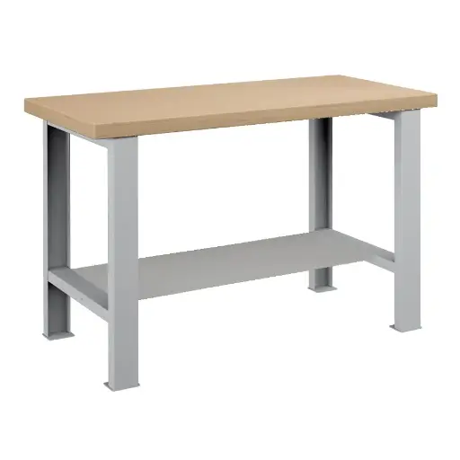 [025720] Banco de trabajo para taller estándar - Dim.: 1250x750x850h mm - Encimera Multiplex, 2 patas, 1 estante inferior metálico - Gris ral 7035
