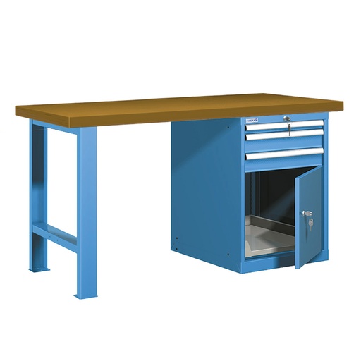 [025725] Banco de trabajo estándar - Dim.: 1500x750x840h mm - Encimera DM, 1 pata, 1 armario - Azul ral 5012