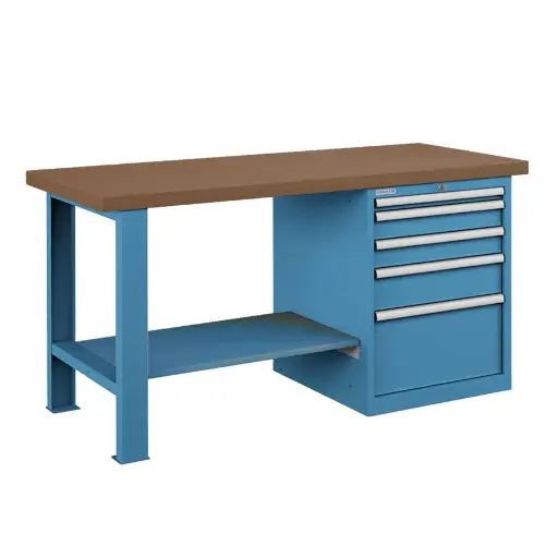 [025743] Banco de trabajo estándar - Dim.: 1500x750x840h mm - Encimera DM, 1 pata, 1 armario, 1 estante inferior  metálico - Azul ral 5012