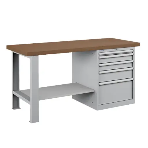 [025744] Banco de trabajo estándar - Dim.: 1500x750x840h mm - Encimera DM, 1 pata, 1 armario, 1 estante inferior  metálico - Gris ral 7035