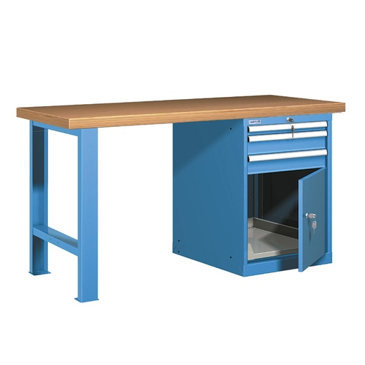 [025747] Banco de trabajo estándar - Dim.: 1500x750x840h mm - Encimera Multiplex, 1 pata, 1 armario - Azul ral 5012