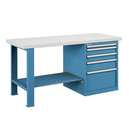 [025781] Banco de trabajo estándar - Dim.: 1500x750x840h mm - Encimera laminada, 1 pata, 1 armario, 1 estante inferior metálico - Azul ral 5012