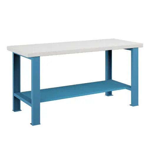 [025785] Banco de trabajo estándar - Dim.: 1500x750x840h mm - Encimera laminada, 2 patas, 1 estante inferior metálico - Azul ral 5012
