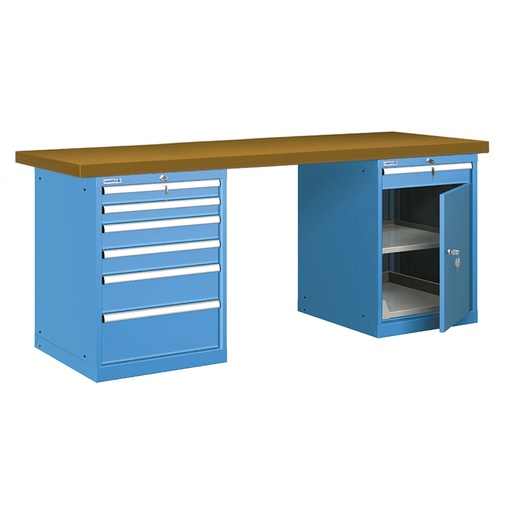[025891] Banco de trabajo estándar - Dim.: 2000x750x840h mm - Encimera DM, 2 armarios con cajones - Azul ral 5012