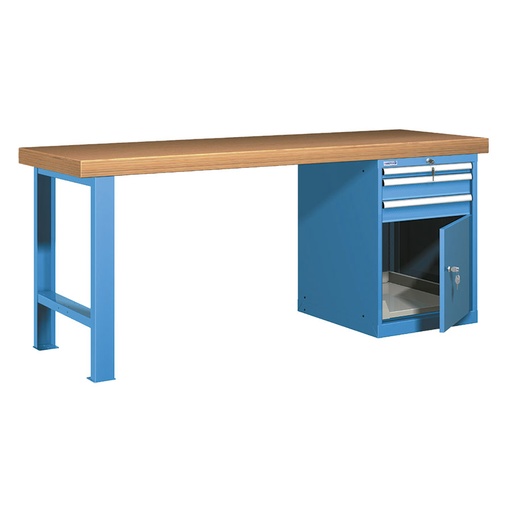 [026017] Banco de trabajo estándar - Dim.: 2000x750x850h mm - Encimera Multiplex, 1 pata, 1 armario - Azul ral 5012
