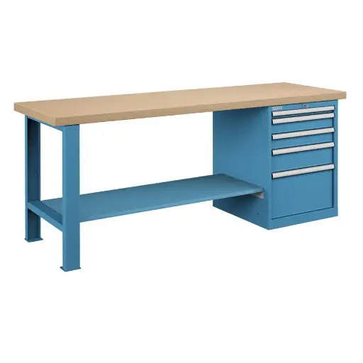 [026039] Banco de trabajo estándar - Dim.: 2000x750x850h mm - Encimera Multiplex, 1 pata, 1 armario, 1 estante inferior metálico - Azul ral 5012