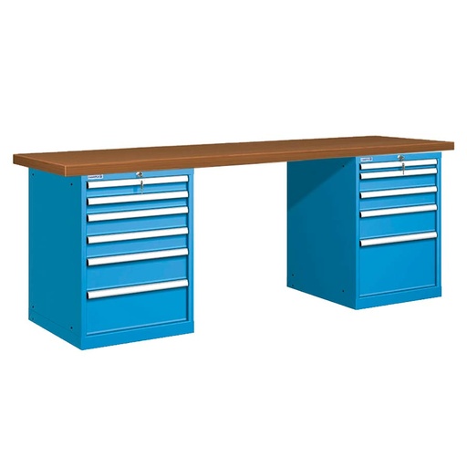 [026077] Banco de trabajo estándar - Dim.: 2500x750x840h mm - Encimera DM, 2 armarios con cajones - Azul ral 5012