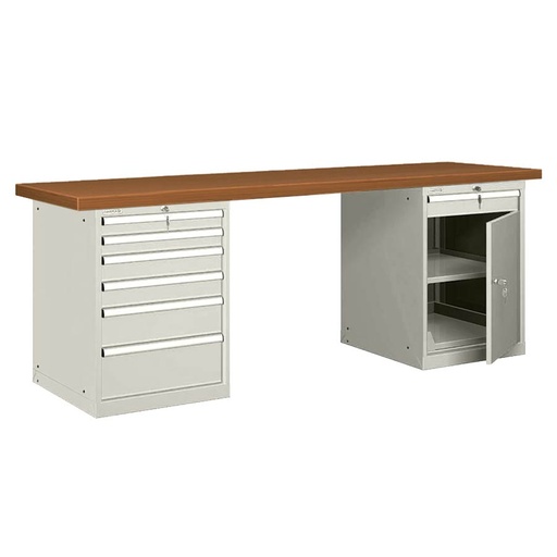[026080] Banco de trabajo estándar - Dim.: 2500x750x840h mm - Encimera DM, 2 armarios con cajones - Gris ral 7035