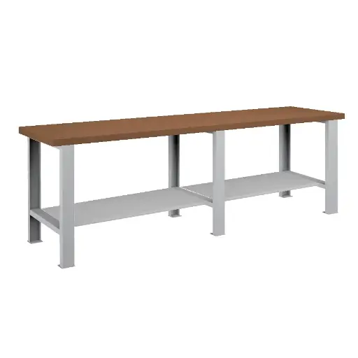 [026082] Banco de trabajo estándar - Dim.: 2500x750x840h mm - Encimera DM, 3 patas, 1 estante inferior metálico - Gris ral 7035