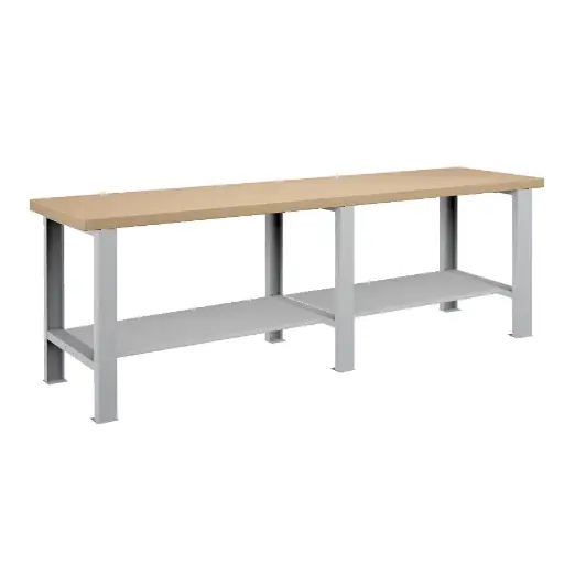 [026089] Banco de trabajo estándar - Dim.: 2500x750x840h mm - Encimera Multiplex, 3 patas, 1 estante inferior metálico - Gris ral 7035