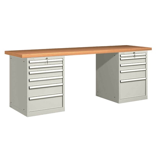 [026090] Banco de trabajo estándar - Dim.: 2500x750x840h mm - Encimera Multiplex, 2 armarios con cajones - Gris ral 7035