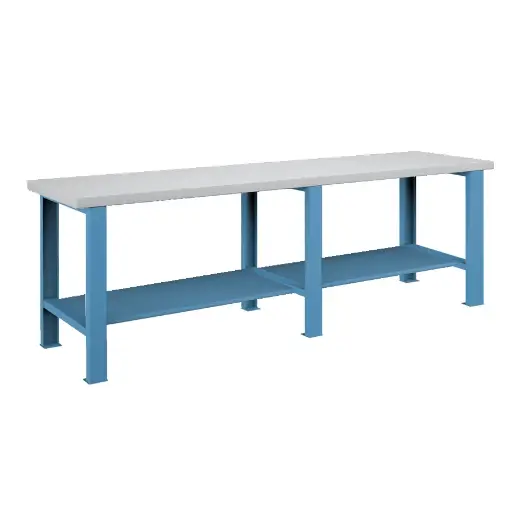 [026097] Banco de trabajo estándar - Dim.: 2500x750x840h mm - Encimera laminada, 3 patas, 1 estante inferior metálico - Azul ral 5012