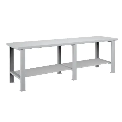 [026098] Banco de trabajo estándar - Dim.: 2500x750x840h mm - Encimera laminada, 3 patas, 1 estante inferior metálico - Gris ral 7035