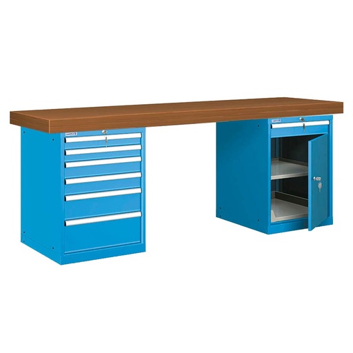 [026102] Banco de trabajo estándar - Dim.: 2500x750x850h mm - Encimera DM, 2 armarios con cajones - Azul ral 5012