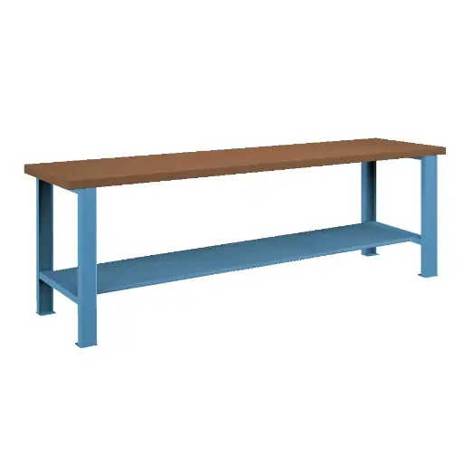 [026105] Banco de trabajo estándar - Dim.: 2500x750x850h mm - Encimera DM, 2 patas, 1 estante inferior metálico - Azul ral 5012