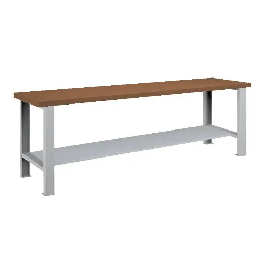 [026106] Banco de trabajo estándar - Dim.: 2500x750x850h mm - Encimera DM, 2 patas, 1 estante inferior metálico - Gris ral 7035