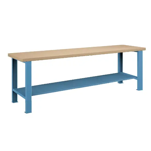 [026112] Banco de trabajo estándar - Dim.: 2500x750x850h mm - Encimera Multiplex, 2 patas, 1 estante inferior metálico - Azul ral 5012