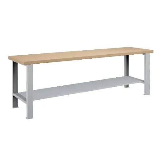 [026113] Banco de trabajo estándar - Dim.: 2500x750x850h mm - Encimera Multiplex, 2 patas, 1 estante inferior metálico - Gris ral 7035