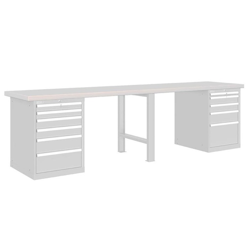 [026140] Banco de trabajo estándar - Dim.: 3000x750x840h mm - Encimera laminada, 1 pata, 2 armarios con cajones - Gris ral 7035