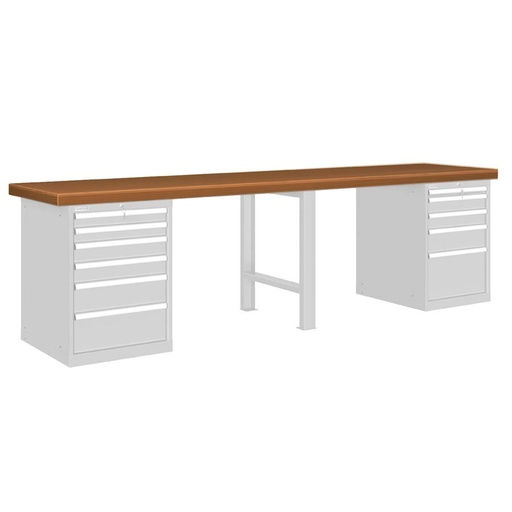 [026144] Banco de trabajo estándar - Dim.: 3000x750x850h mm - Encimera DM, 1 pata, 2 armarios con cajones - Gris ral 7035