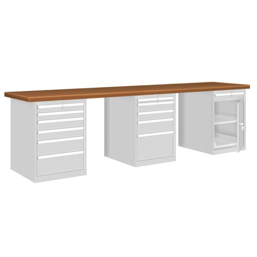 [026146] Banco de trabajo estándar - Dim.: 3000x750x850h mm - Encimera DM, 3 armarios con cajones - Gris ral 7035